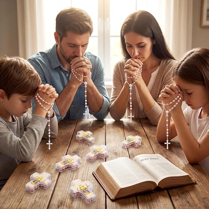 Cunno 12 Set First Holy Communion Bead Rosary Cross Necklace for Baptism First Communion Gifts Scented with Cross Shape Box for Guest Catholic Religious Rosary Baptism Party Primera Comunión (Pink)