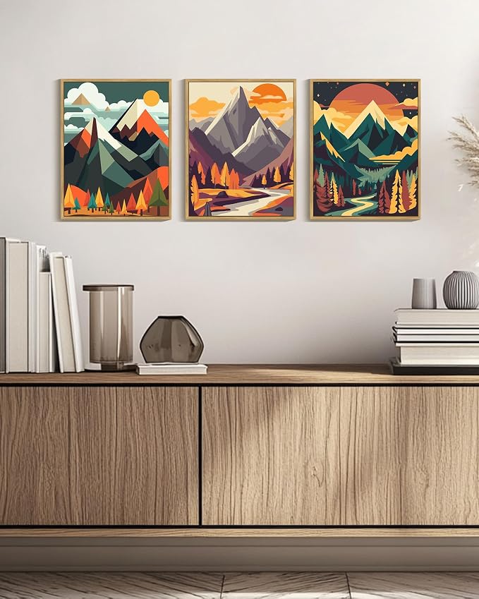 PHOPAGO Mountain Framed Wall Art Forest Wall Decor Nature Landscape Art Prints for Living Room Kitchen Decor - 11x14in Natural Framed