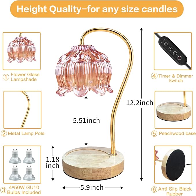 SupBri Dimmable Flower Candle Warmer Lamp, Pink Candle Warmer with Timer & 4Bulbs, Birthday Gifts for Women, House Warming Gifts New Home Bedroom Decor