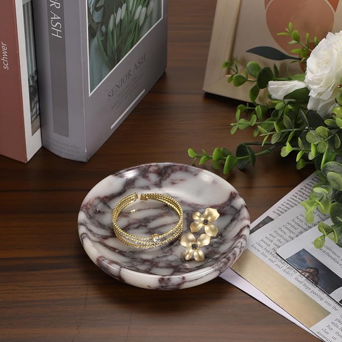 Small Round Key Bowl for Entryway Table - 5.5" Natural Marble Jewelry Dish Tray Decorative Key Plate Holder Catch All Bowl for Earring Necklace Ring Holder for Bathroom