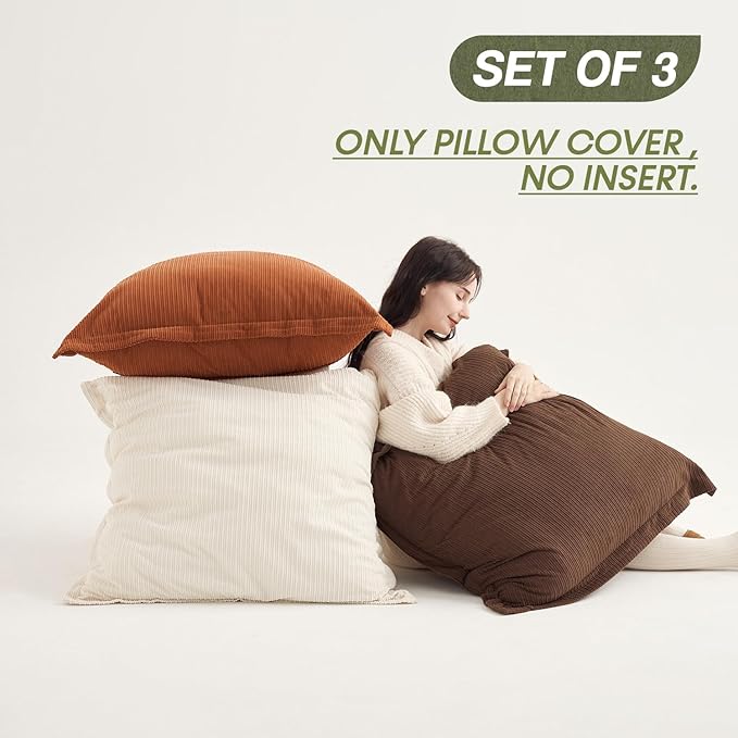 COCO TOP Set of 3 Super Soft Vintage Oversized Pillow Covers 28x28inch, Striped Corduroy Decorative Cushion, Home Decor for Expansive Living Rooms & Bedrooms (Earthy Brown, Rust & Cream