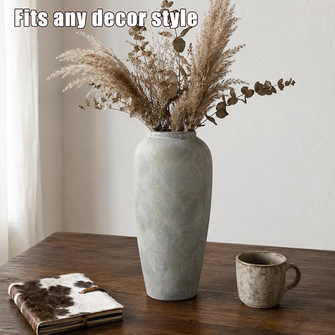 15 Inch Ceramic Rustic Farmhouse Vase, White Grey Handmade Pottery Vase for Living Room & Home Decor, Rustic Flower Vases for Table Centerpieces & Shelf Decoration, Wedding Gifts