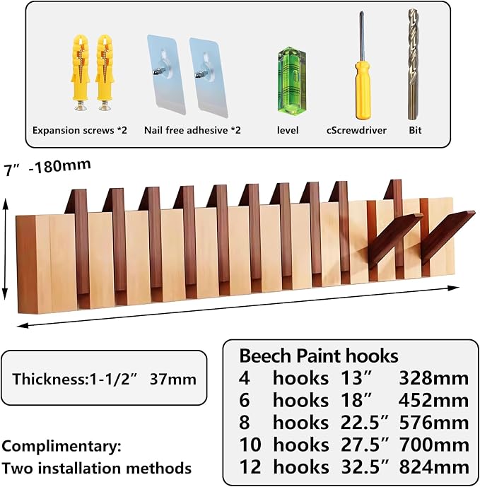 Wall Mounted Coat RackHooks Piano Key Hangers Natural Solid Wood Hanger Non-Woven Fabric Clothes Hangers for Closet, Kitchen, Bedroom, Bathroom, Entryway (Walnut-Beech, 10 Hooks)