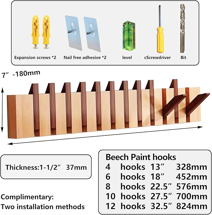 Wall Mounted Coat RackHooks Piano Key Hangers Natural Solid Wood Hanger Non-Woven Fabric Clothes Hangers for Closet, Kitchen, Bedroom, Bathroom, Entryway (Walnut-Beech, 12 Hooks)