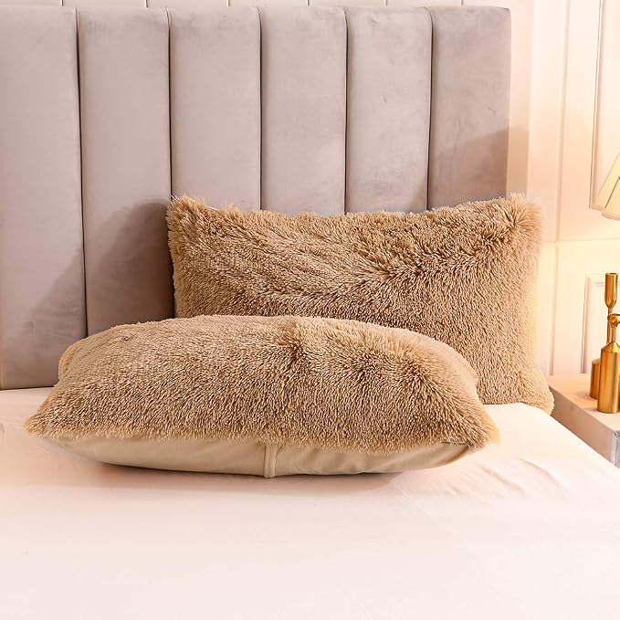 Faux Fur Velvet Fluffy Bedding Duvet Cover Set Down Comforter Quilt Cover with Pillow Sham, Ultra Soft Warm (Twin, Camel)