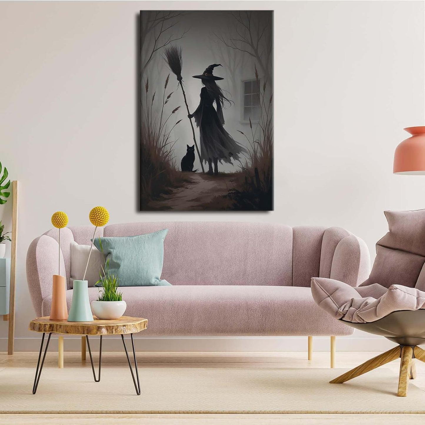 Vintage forest witch and black cat poster Halloween mural poster decoration mural art magic suitable for home living room bedroom12x16in Wood Framed