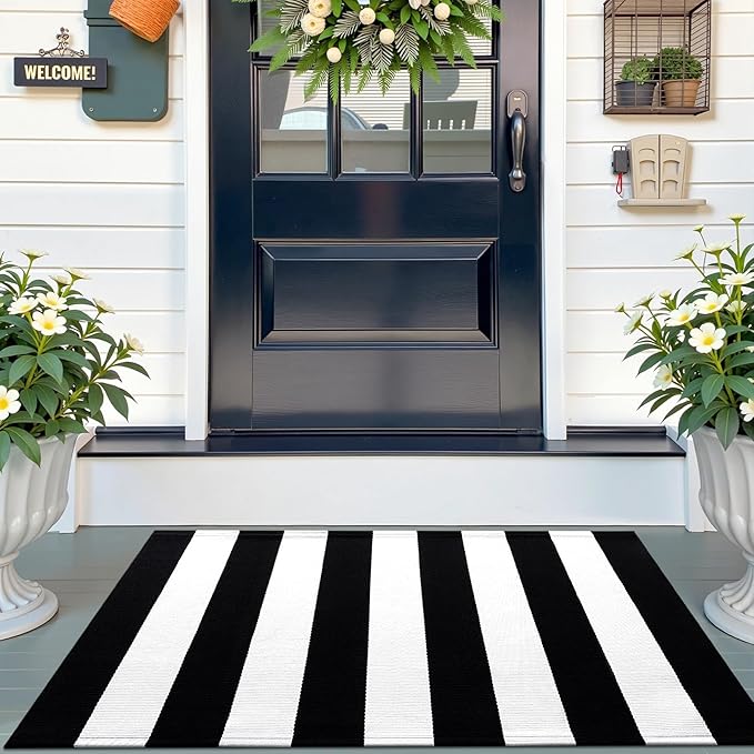 OLANLY Black and White Striped Rug 2'4" x 3'7" (27.5" x 43") – Washable Cotton Indoor Outdoor Doormat for Front Door, Entryway, Kitchen, Porch, Patio Decor