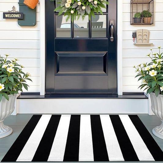 OLANLY Black and White Striped Rug 2'4" x 3'7" (27.5" x 43") – Washable Cotton Indoor Outdoor Doormat for Front Door, Entryway, Kitchen, Porch, Patio Decor