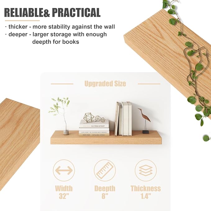 FLYJOE Floating Shelves for Wall, USA-Sourced Oak Wood 32 Inch Wall Shelves Set of 2, Natural Wooden Mounted Picture Ledge Shelf, Nursery Book Storage Shelf Kids Bookshelf Display, Shelf for Bathroom