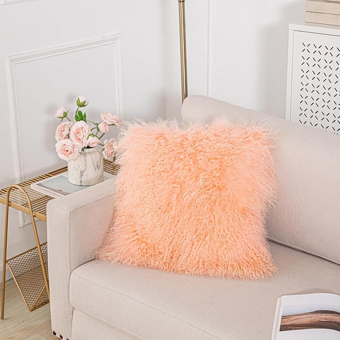 Mongolian Lamb Fur Throw Pillow Cover (16'' x 16'', Pink) Sheep Fur Decorative Cushion Cover Case Home Decorative Square Throw Pillow Cover Plain Wool Pillow Protector