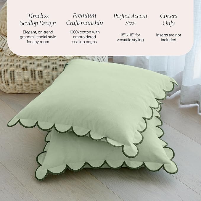 BEBE BASK Green Scalloped Pillow Cover - Set of 2-18 x 18 Inch - Scallop Pillow Cover - Scalloped Pillows - Scallop Pillows - 100% Cotton - Grandmillennial Style (Moss Green)