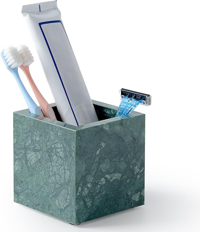 Real Luxurious Natural Marble Toothbrush Holder & Makeup Brush Organizer & Pen Holder for Desk,3.93inch Square Marble Utensil Holder Non-Ceramic/Non-Resin （Green）