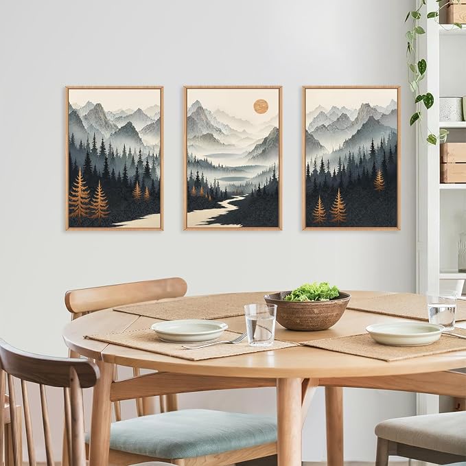 Watercolor Misty Forest Framed Canvas Wall Art Set, Foggy Mountain Wall Decor, Misty Pine Tree Wall Painting, Large Nature Landscape Art Prints for Living Room, Bedroom, Office - 24"X36"X3