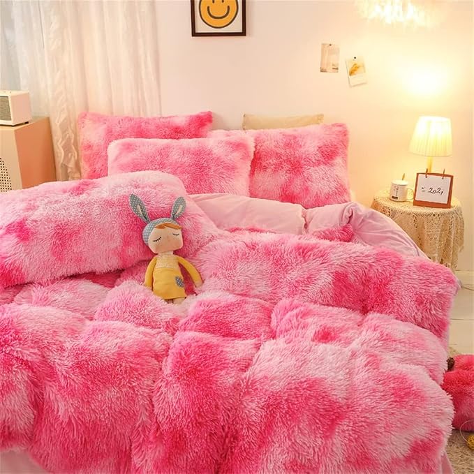 chovy Faux Fur Plush Tie-Dyed Pink Comforter Sets Twin/Full Size - Ultra Soft Shaggy Flannel Velvet Fluffy Fuzzy 3PC Bedding Set （Comforter x 1 Pillowcases x 2）