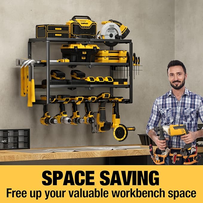 YYR 4 Layer Power Tool Organizer Wall Mount, Cordless Drill Hanger Storage Rack, Battery Tools Holder with Charging Station Shelf for Garage Organization, Workshop, Pegboard, Shed - 24 Inch 6 Slots