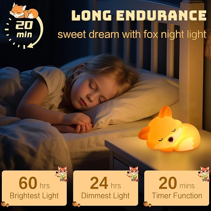 YR YRHH-PET Cute Fox Lamp, Fox Night Light for Kids, Squishy Rechargeable Dimmable Toy, Baby Nursrery Nightlight, Woodland Animal Décor, Xmas White Elephant Gifts, Touch Light Up Foxes, Safe Silicone