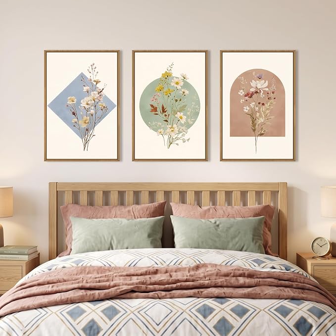Large Vintage Wildflower Botanical Framed Canvas Wall Art Set,Watercolor Calming Floral Wall Painting,Minimalist Boho Flower Artwork for Living Room,Dining Room,Office Decor-24 x36 x3