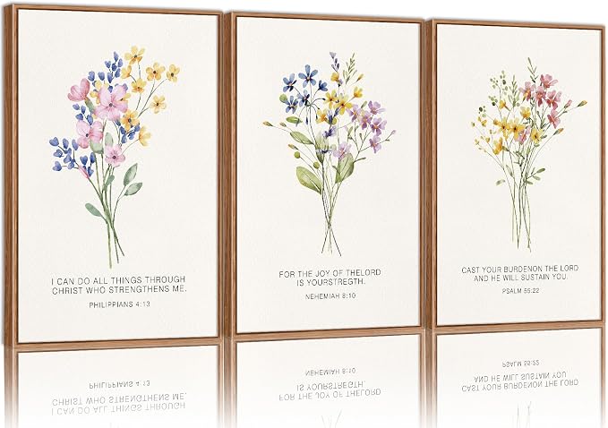 KYLESONLIE Christian Scripture Floral Framed Canvas Wall Art Set, Wildflower Bible Verse Posters Wall Decor, Religious Faith Art Paintings for Living Room Bedroom Dining Room Office Church 16"x24"x3
