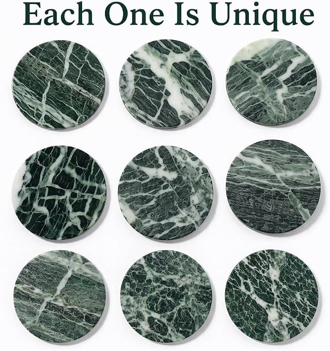 Koville Marble Coasters, Round Modern Coaster Set of 4 for Drinks, 4" Stone Coaster Heat Resistant, Decorative Marble Coasters for Coffee Table Home Bar Decor, Gift Choice(Verde Alpi)