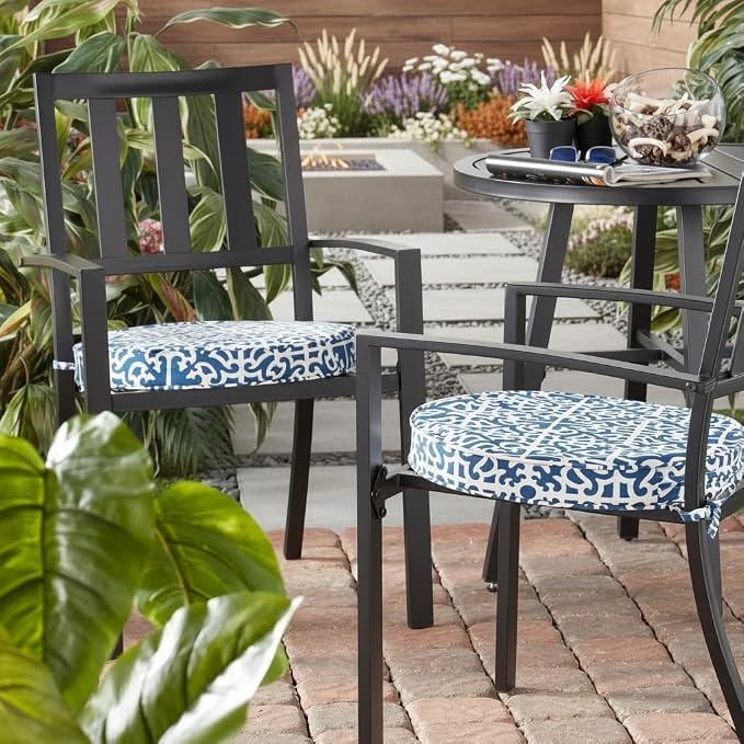 Set of 2 Outdoor 18 inch Round Patio Dining Chair Pads – Comfortable Fiber-Filled Seat Cushions with Ties, Reversible Polyester Fabric, Indigo Blue Lattice