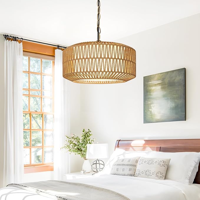 9"-52" Height Adjustable Farmhouse Chandelier Light Fixture, 5-Light Rattan Boho Chandeliers for Dining Room, Hand Woven Pendant Light with Linen Shade, Rustic Hanging Lighting for Kitchen Island