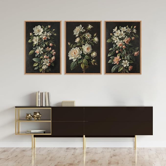 DRACIT Large Dark Moody Flowers Framed Canvas Print Wall Art Set,Vintage Antique Black Botanical Wall Decor,Retro Modern Elegant Peony Floral Artwork for Living Room,Office,Bedroom-16 x24 x3