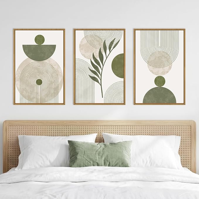 DRACIT Large Sage Green Boho Framed Canvas Wall Art Set,Abstract Modern Beige Green Arch Wall Decor,Minimalist Leaf Lines Artwork for Living Room,Bedroom,Office-24 x36 x3
