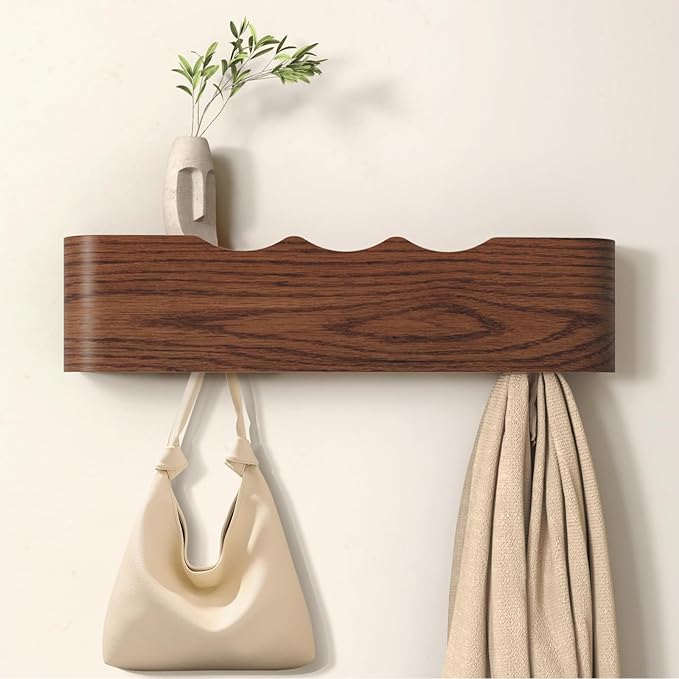 Wall Mounted Coat Rack with Shelf, Wooden Entryway Organizer with Hidden Metal Hooks for Hanging Coats Bags Keys, Modern Floating Shelf for Hallway Bathroom
