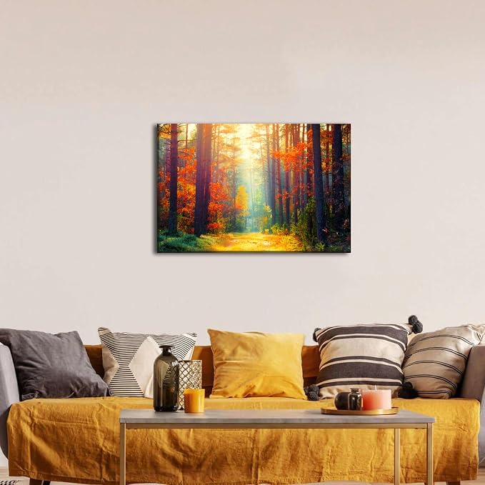Fall Forest Wall Art Orange Maple Leaves Wall Decoration for Living Room Bedroom Autumn Landscape Pictures Nature Trees Scenery Canvas Print Sun Light Through Forest Painting Artwork Home Decor 20x30”