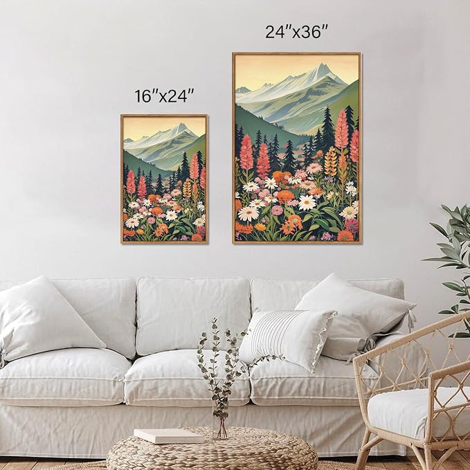 Tinonedraw Large Mountain Framed Canvas Wall Art, Boho Rustic Sunrise Forest Wall Decor, Vintage Woodsy Nature Art Painting, Modern Wilderness Trees Art Print for Living Room Bedroom Office 24"x36"x3