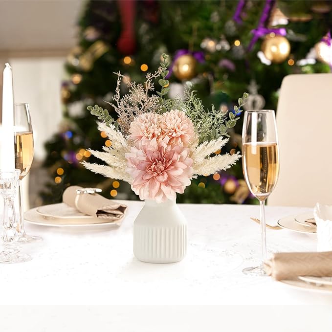 Mkono Small Artificial Flowers in Ceramic Vase 12.5" Centerpieces Coffee Table Decor, Silk Flower Arrangements for Home Decor Indoor Fake Flower Bouquet for Bathroom Dining Room Kitchen Wedding Pink