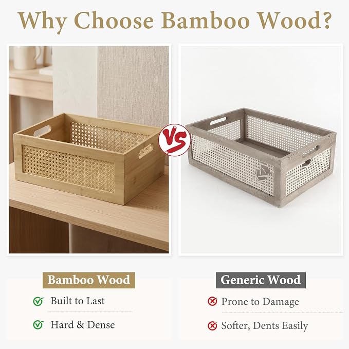 Wooden Storage Basket Set of 4 Handmade Rattan Drawer Storage Box with Frame & Handles Decorative Natural Bamboo Woven Bins Rustic Farmhouse Decor Home Office Tabletop Shelf Organizer, Natural