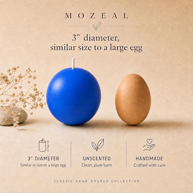 MOZEAL Hand-Poured, 3 Inch Blue Round Ball Candles - Elegant Blue Round Pillar Candles Set of 3, Dripless, Unscented, Smokeless, Ideal for Summer Parties.