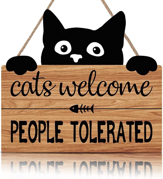 LHIUEM Funny Cat Welcome Sign,Cats Welcome People Tolerated Kitty Kitten Wooden Plaque,10X11 inches Black Cat Wall Decor, Funny wood Sign For Pet Shop Home,Cat Lover Gifts