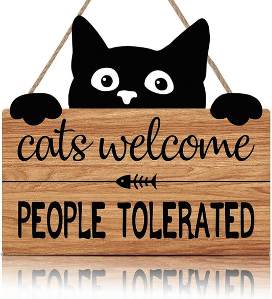 LHIUEM Funny Cat Welcome Sign,Cats Welcome People Tolerated Kitty Kitten Wooden Plaque,10X11 inches Black Cat Wall Decor, Funny wood Sign For Pet Shop Home,Cat Lover Gifts
