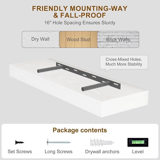 Fun Memories 66 Inch Fireplace Mantel - Long Floating Shelf, Wall Mounted Farmhouse Display with Invisible Heavy Duty Metal Bracket, White, 2 Pack