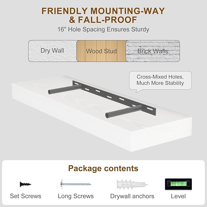 Fun Memories Floating Shelves for Wall, 20Inch Floating Shelves Set of 2, Hanging Shelf with Invisible Brackets, Wood Shelves for Living Room, Bedroom, Kitchen, White