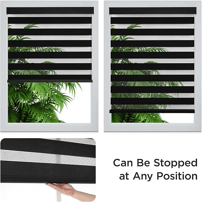 Joydeco Cordless Zebra Blinds (Pro), Dual Layer Light Control Zebra Blinds for Windows, Light-Proof Aluminum Cover, Free-Stop Roller Shades for Home & Office (Black,Custom Size)
