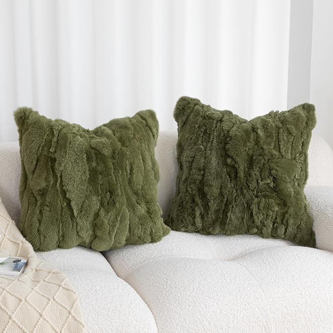 Genuine Rabbit Fur Throw Pillow Covers Set of 2,Luxury Decorative Pillowcases Soft Fluffy Animal Skin Accents Square Cushion Cover for Couch Sofa Bedroom Living Room Home,18x18 inch,Green
