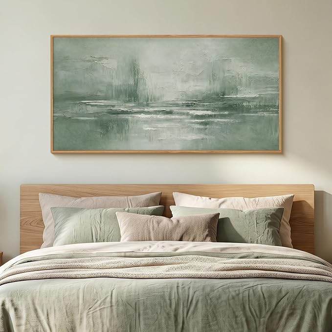 HPNIUB Large Abstract Sage Green Framed Canvas Wall Art Set,Vintage Neutral Brush Stroke Wall Decor, Minimalist Lake Landscape Artwork for Living Room,Bedroom,Office -20"x40"x1