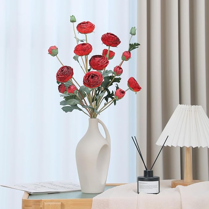 6Pcs Realistic Silk Red Ranunculus Artificial Flowers Long Stems, 23.6" Tall Fake Flowers Faux Flowers Suit for Year-Round Home Decoration, Wedding, Bridal Bouquets, Office