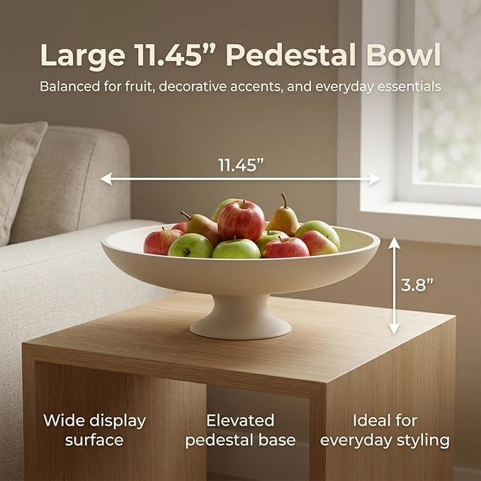 Cream Concrete Decorative Fruit Bowl, 11.45" Large Modern Pedestal Bowl for Kitchen Counter, Coffee Table, Entryway Table, Centerpiece Catch All Key Bowl