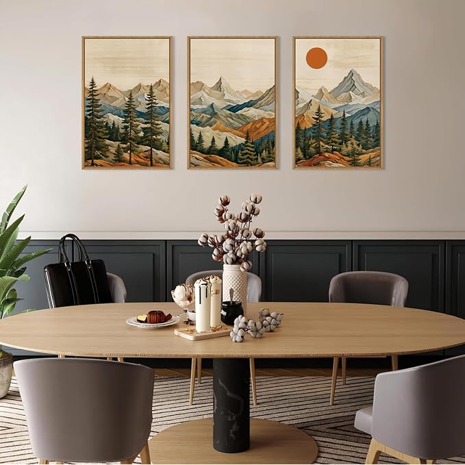 Ausril Boho Woodcut Mountain Framed Canvas Wall Art Set,Vintage Pine Tree Wall Decor,Brown Wooden Forest Art Painting,Natural Sunrise Artwork for Living Room, Bedroom, Office -24"X36"X3