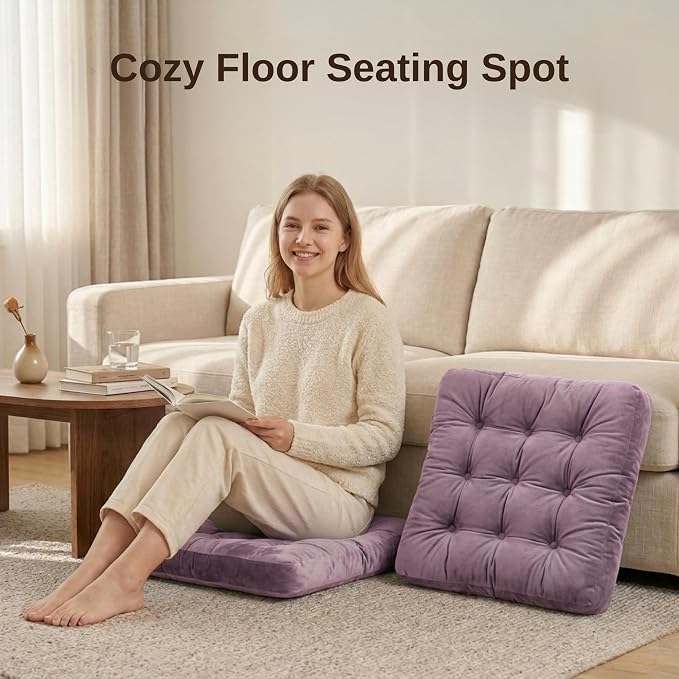 Floor Pillow for Adults, Soft Velvet Floor Cushion for Sitting, Single Square Tufted Floor Pillow for Reading Nook, Living Room, Bedroom, 22 x 22 Inch, Lavender