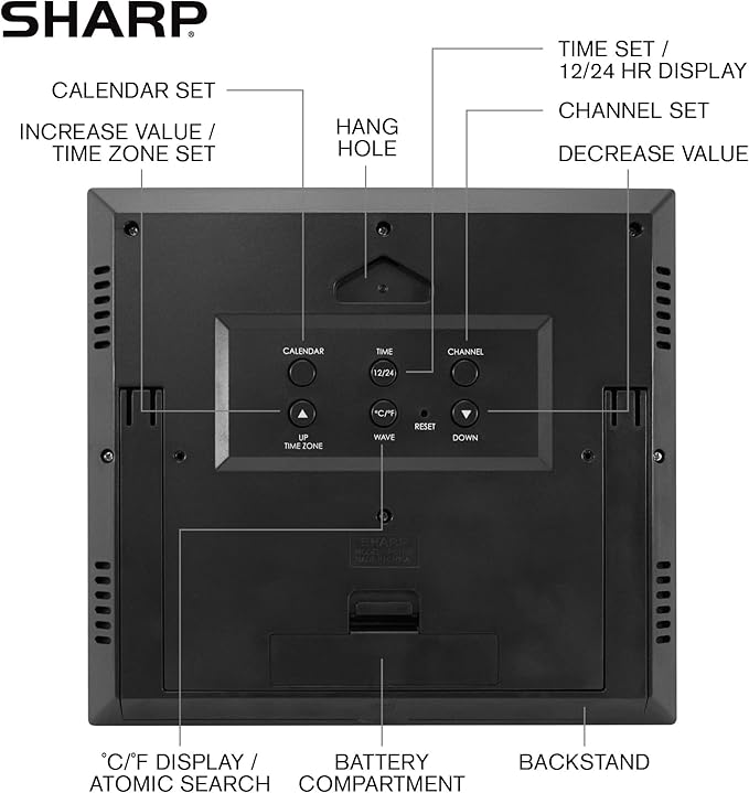 Sharp Atomic Clock - Atomic Accuracy - Never Needs Setting! -Silver Tech Style - Jumbo 3" Easy to Read Numbers - Indoor/Outdoor Temperature Display with Wireless Outdoor Sensor - Easy Set-Up!