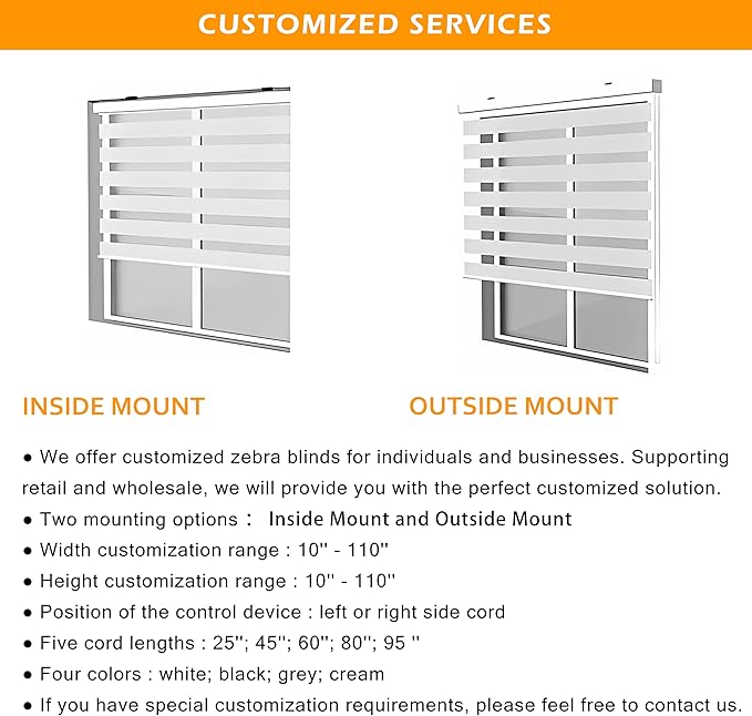 Customize Zebra Blinds for Windows Free-Stop Dual Layer Light Filtering Privacy Sheer Shade Easy to Install (10'' to 110'' Width)(Maximum Height 110'')(Custom Size & Colors)