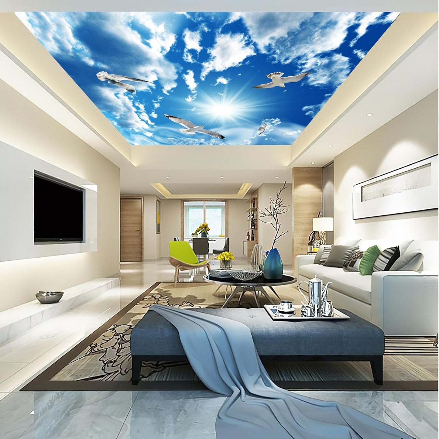 Blue Sky, White Clouds, Sunshine Seagull Ceiling Wall Mural Wallpaper 103" x 69"