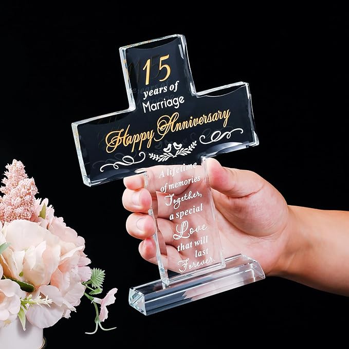 YWHL Happy 15th Anniversary Glass Cross Gifts for Couples, 15 Year Cross Wedding Anniversary Romantic Gifts for Her, 15 Years of Marriage Present for Him