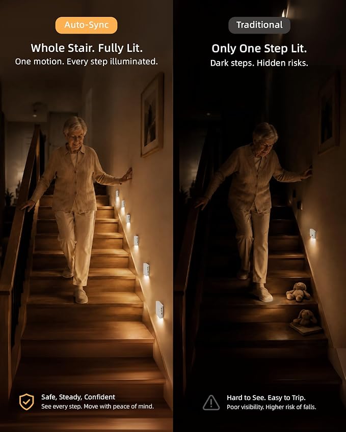 EZVALO 3 Pack Motion Sensor Night Lights, Sync LED Stair Lights Indoor, 1500mAh Rechargeable, Magnetic & Dimmable, 3000K Soft White, Portable Nightlight for Hallway, Stairs, Bathroom, Bedroom