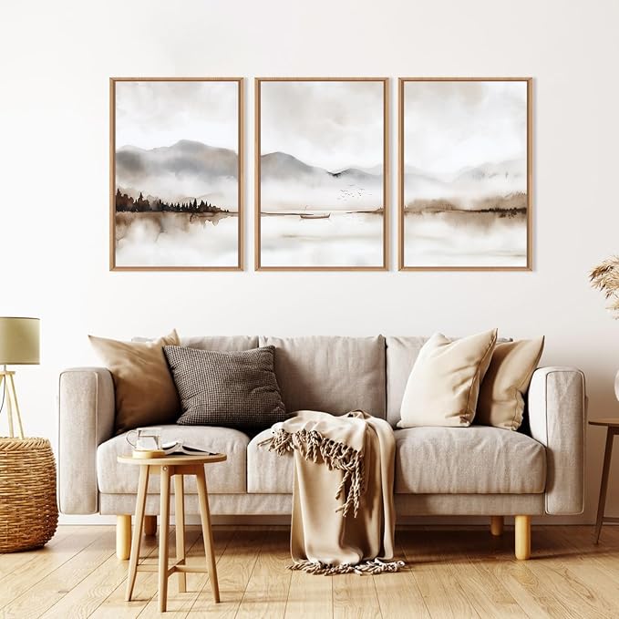 Neutral Abstract Mountain Framed Canvas Print Wall Art Set,Watercolor Beige and Gray Calming Landscape Wall Decor,Modern Minimalist Nature Artwork for Living Room,Bedroom-16 x24 x3